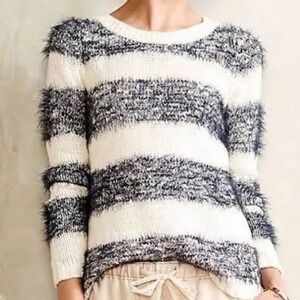 Tabitha Anthropologie Striped Eyelash Knit Sweater Navy Cream Large
